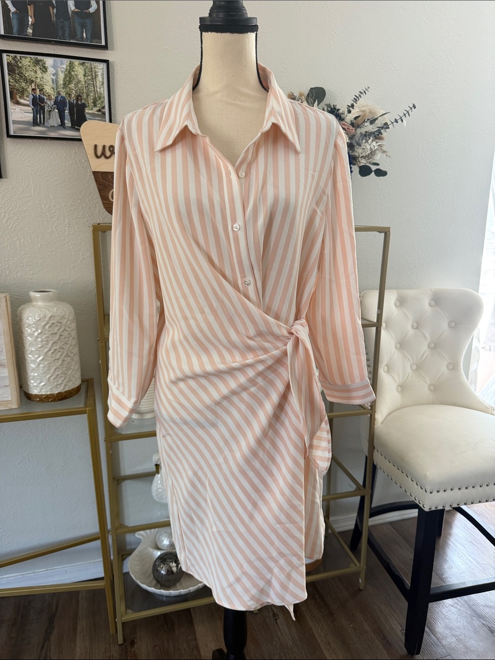 Alex Marie Peach and White Striped Wrap Shirt Dress